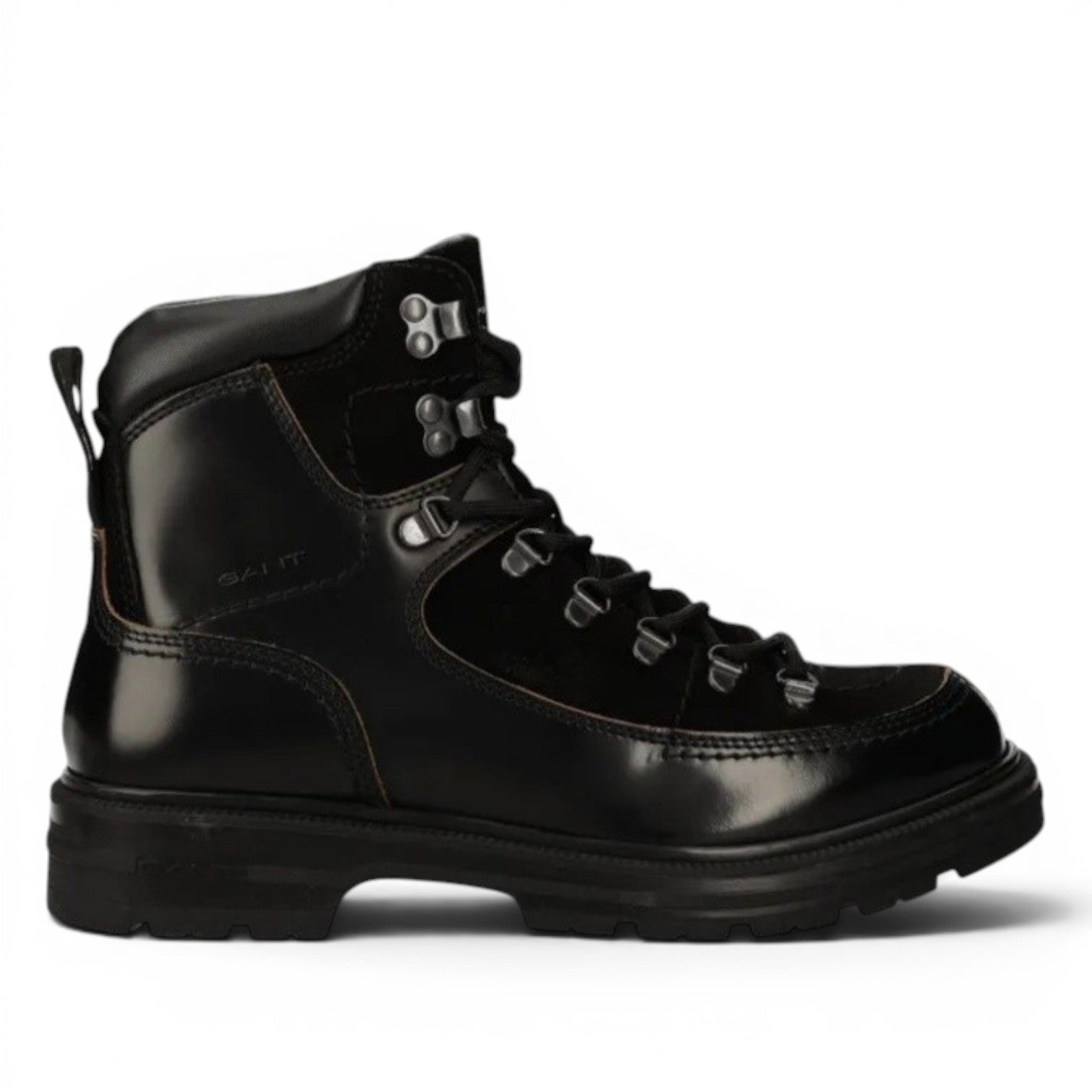 My Store Gretty black leather and suede hiking boots with wool lining and rubber sole.