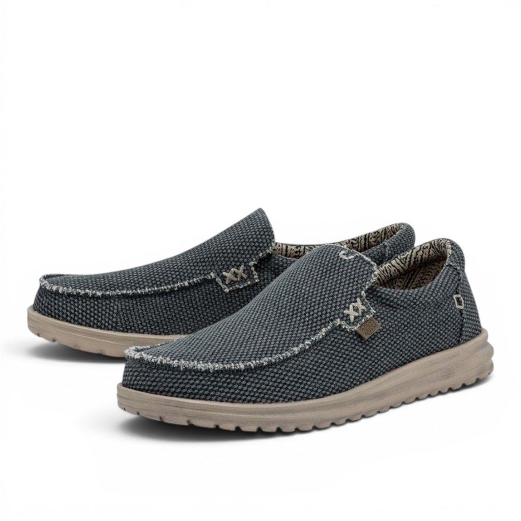 My Store grey braided textile slip-on shoes with tan soles and decorative stitching.