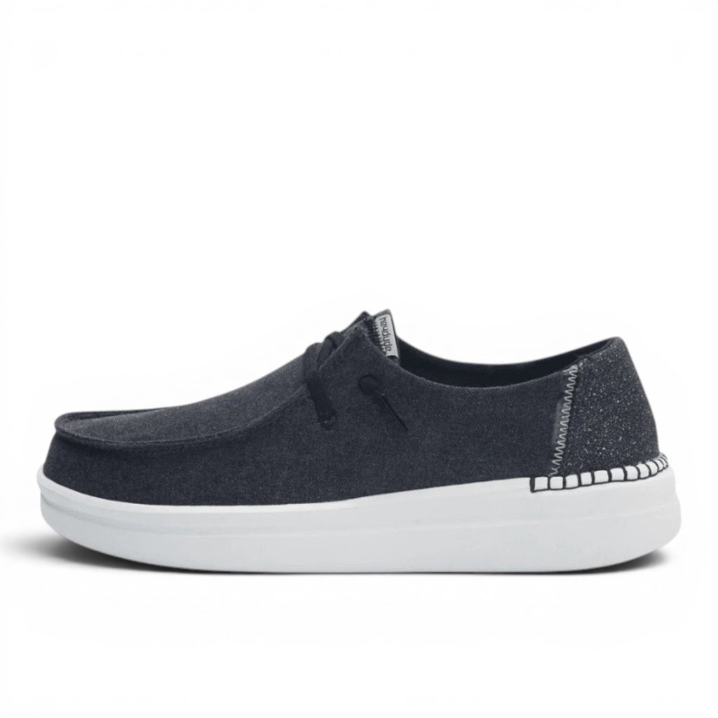 My Store dark grey textile slip-on shoes with white platform sole and decorative stitching.