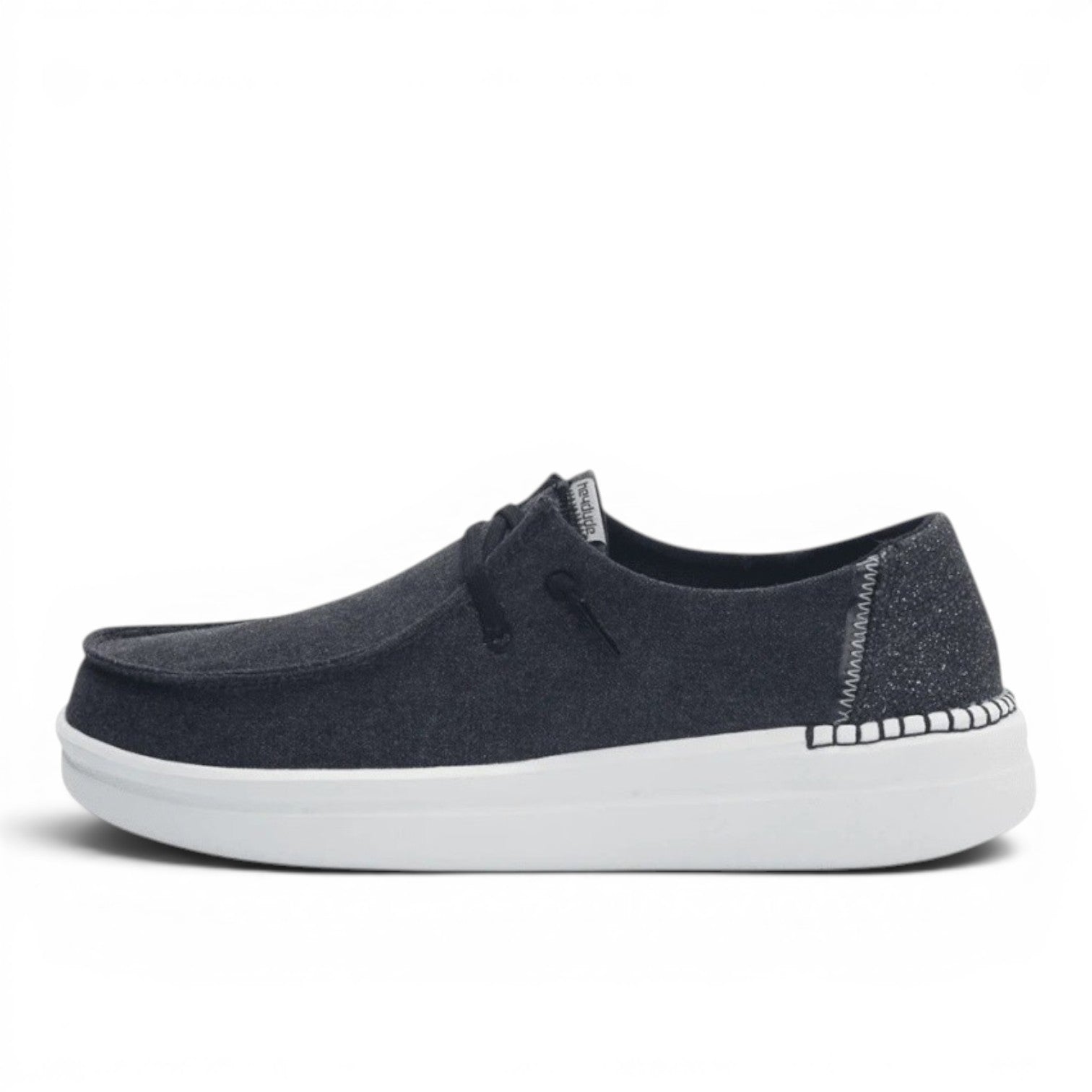 My Store dark grey textile slip-on shoes with white platform sole and decorative stitching.