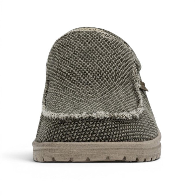 My Store Mikka Braided slip-on shoes in grey woven textile with a distressed edge and tan sole. Lightweight and flexible.