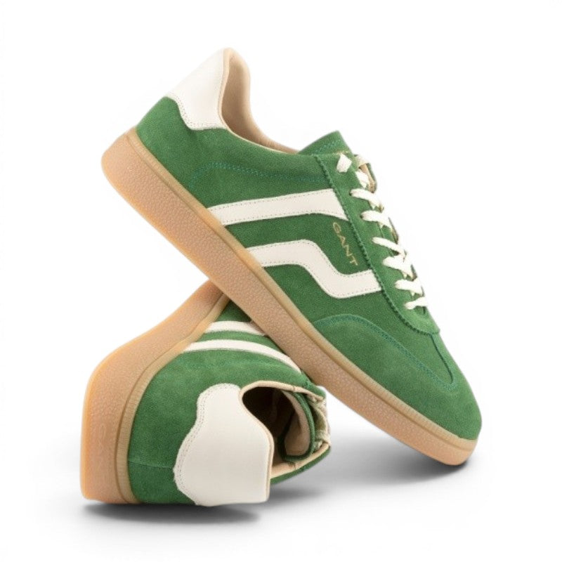 My Store Guzmo green suede leather sneakers with white stripe details and gum sole.