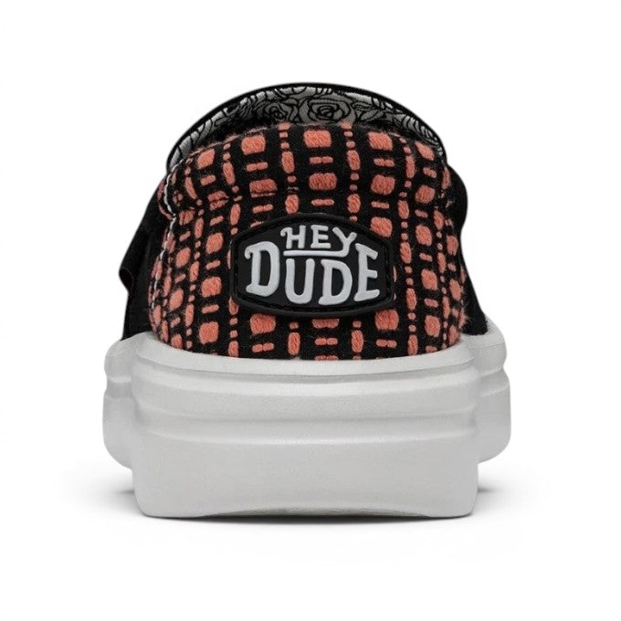 My Store Hey Dude Misty Rise women's slip-on shoes with black and coral patterned fabric and white platform sole.