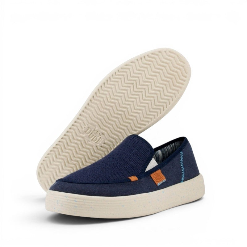 My Store Hey Dude navy blue textile slip-on loafers with a speckled sole and elastic side panels.