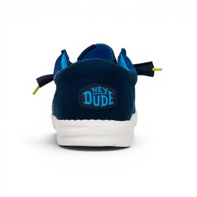 My Store navy blue Hey Dude Wally Funk Open Mesh shoes with elastic laces and white sole.