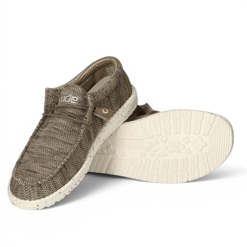 My Store Hey Dude Wally Sox men's slip-on shoes in brown knit textile with elastic laces and speckled sole.