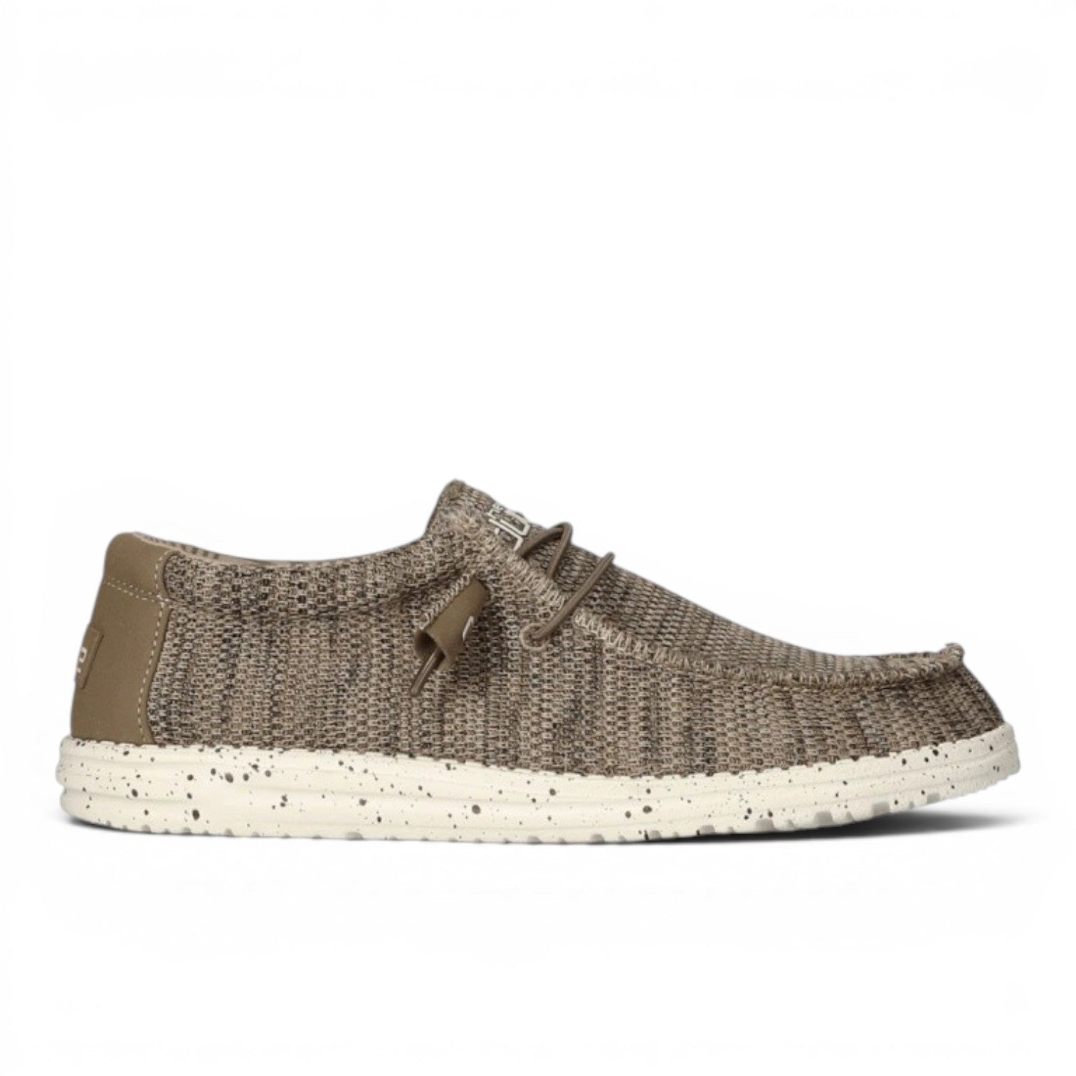 My Store Hey Dude Wally Sox men's slip-on shoes in brown knit textile with elastic laces and speckled sole.