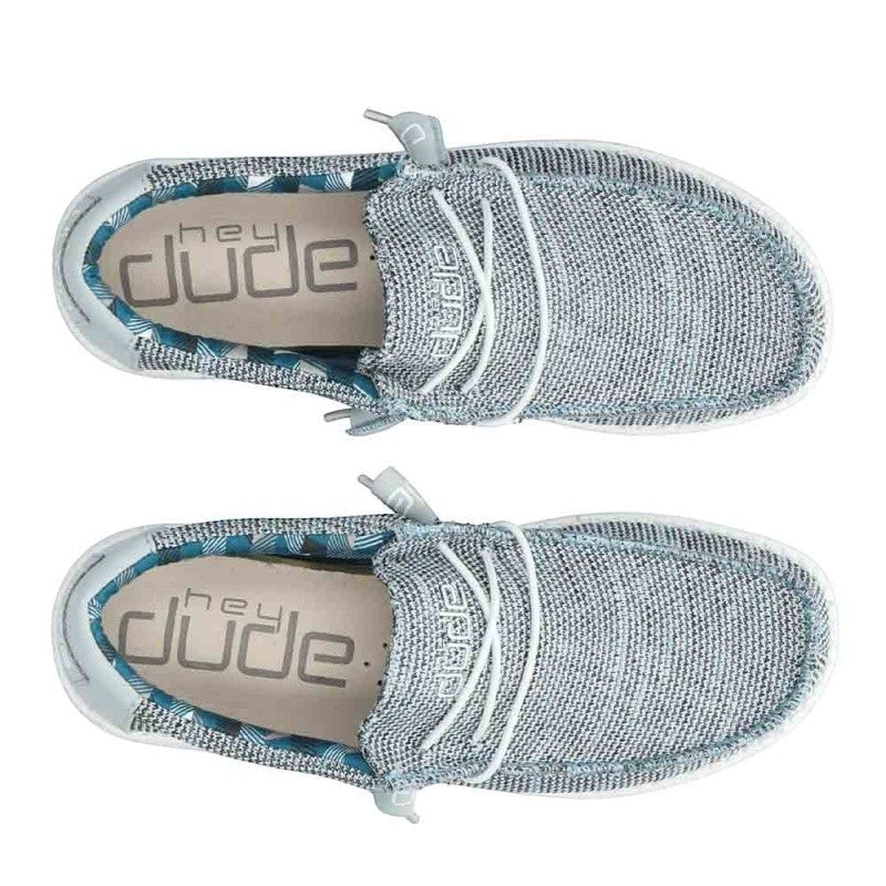 My Store Hey Dude Wally Sox grey textile slip-on shoes with white laces and patterned lining.