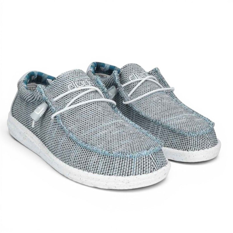My Store Hey Dude Wally Sox men's grey textile slip-on shoes with white laces and blue plaid lining.
