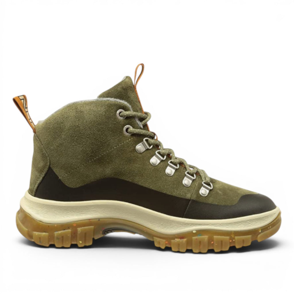 My Store Hillark olive green suede hiking boots with fleece lining and rubber sole.