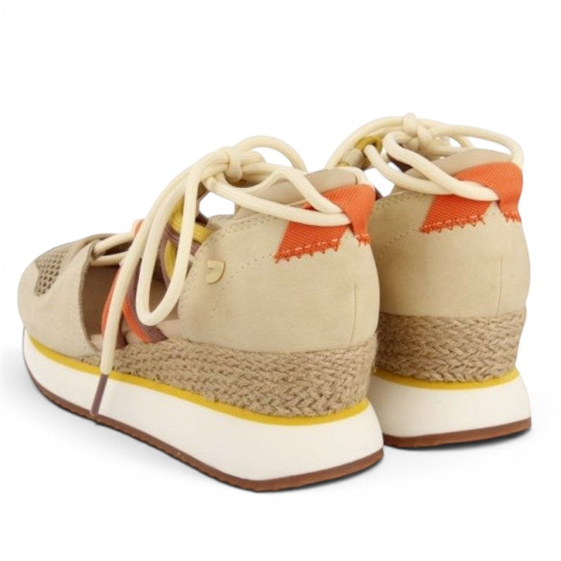 My Store IONA beige leather and textile lace-up espadrille platform sandals with orange and yellow accents.