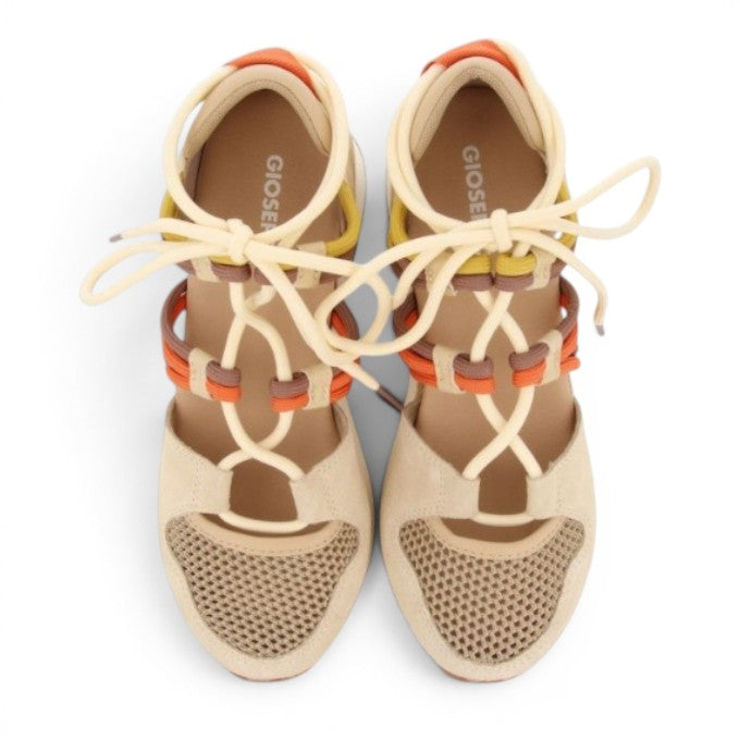 My Store IONA beige leather and textile lace-up sandals with orange, yellow, and brown straps and mesh toe.