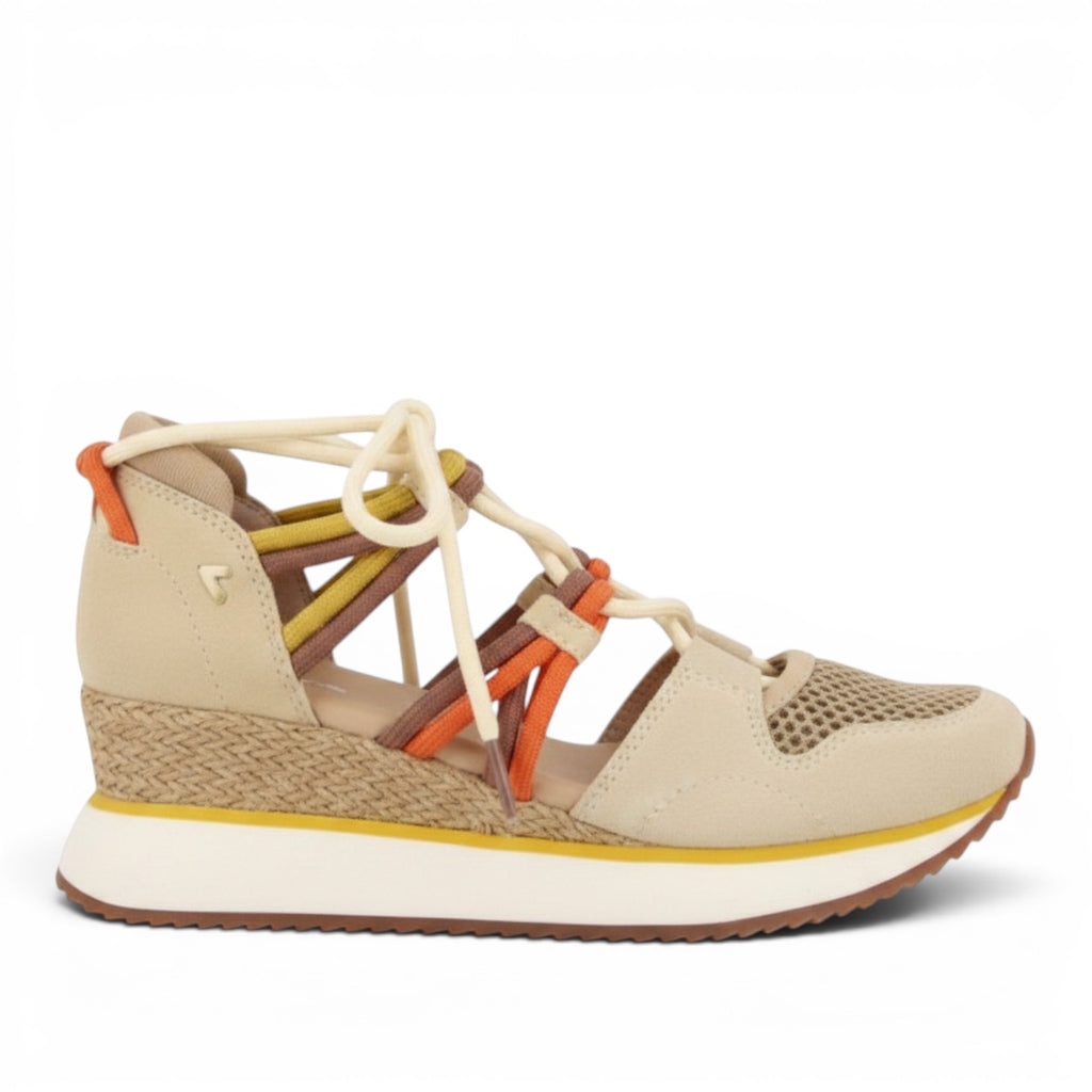 My Store IONA beige leather and textile wedge sandals with colorful braided straps and a 5.5cm heel.