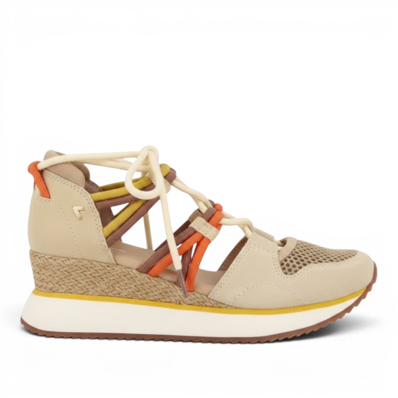 My Store IONA beige leather and textile wedge sandals with colorful braided straps and a 5.5cm heel.