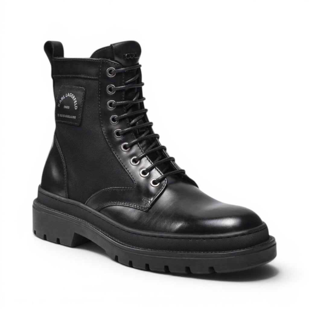 My Store Karl Lagerfeld black leather and textile lace-up combat boots with side zip and lug sole.