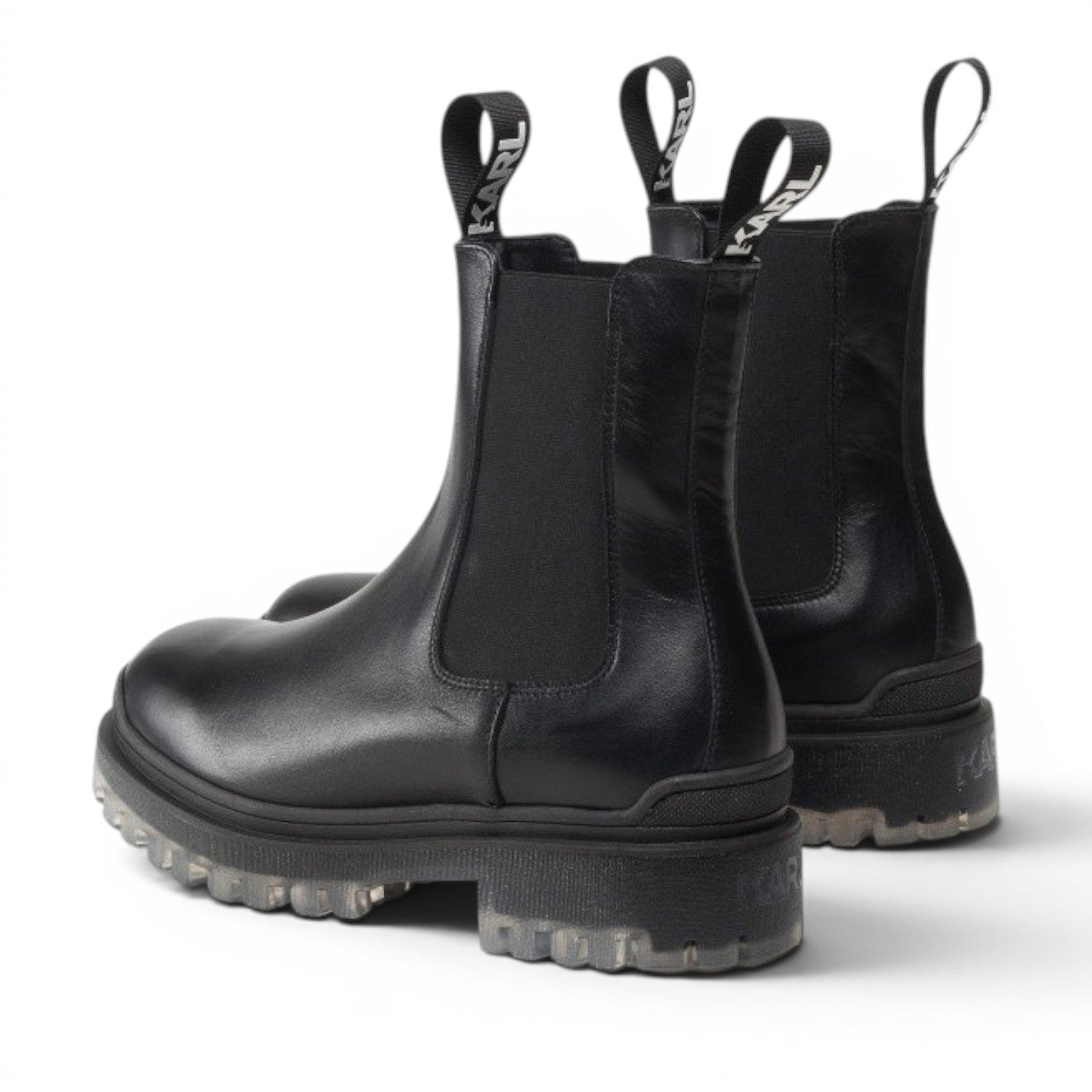 My Store Karl Lagerfeld black leather biker boots with elastic side panels and transparent lug sole.