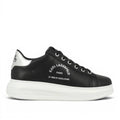 My Store Karl Lagerfeld black leather sneakers with white sole and silver heel detail. Features logo text.
