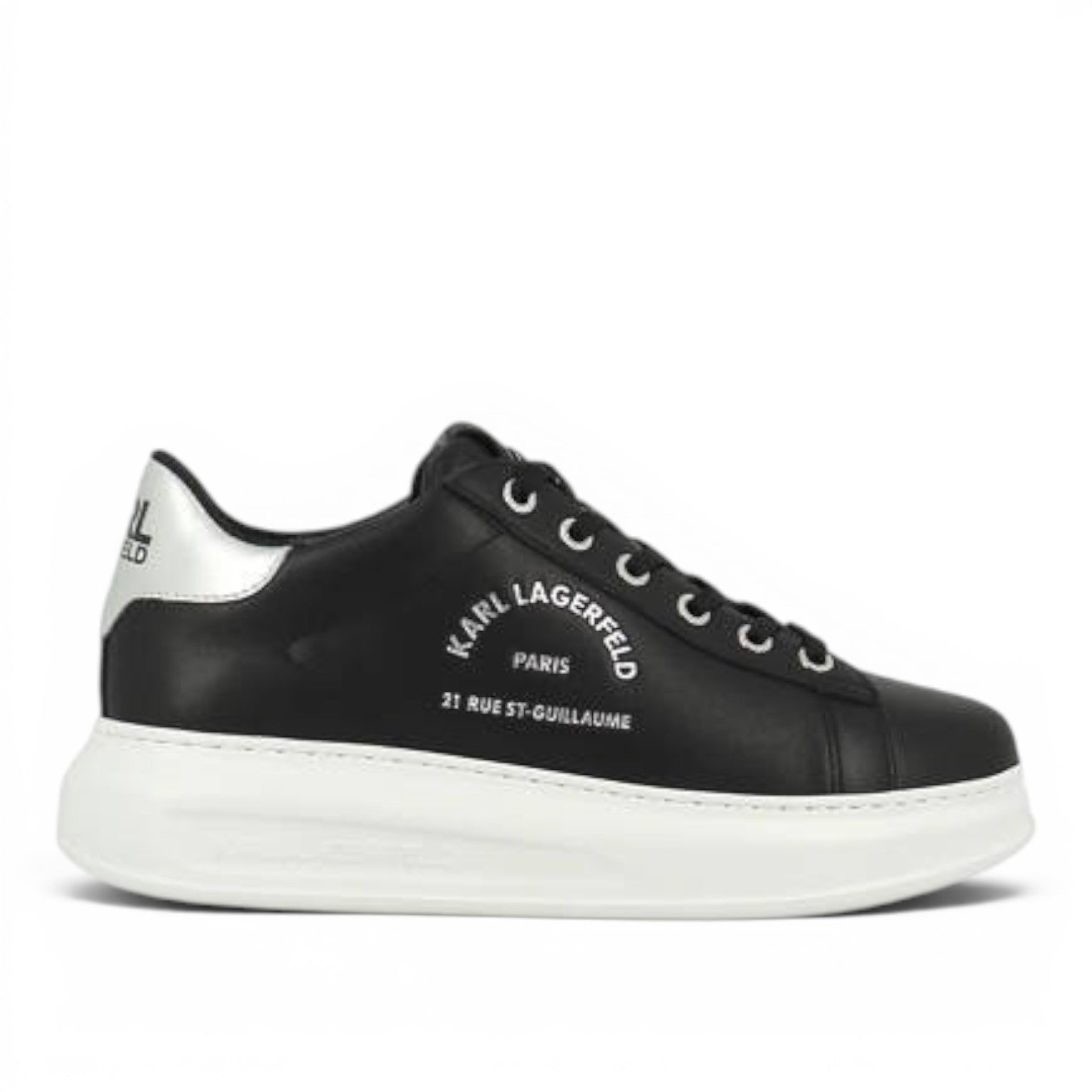 My Store Karl Lagerfeld black leather sneakers with white sole and silver heel detail. Features logo text.