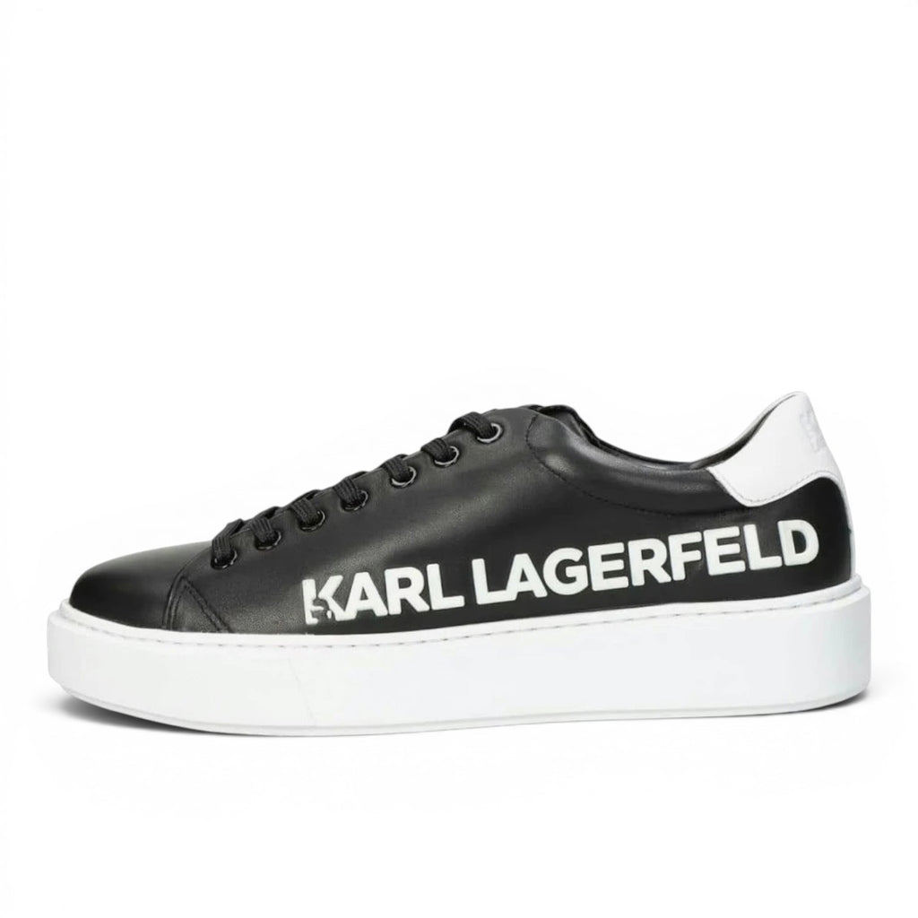 My Store Karl Lagerfeld black leather sneakers with white platform sole and logo detail.