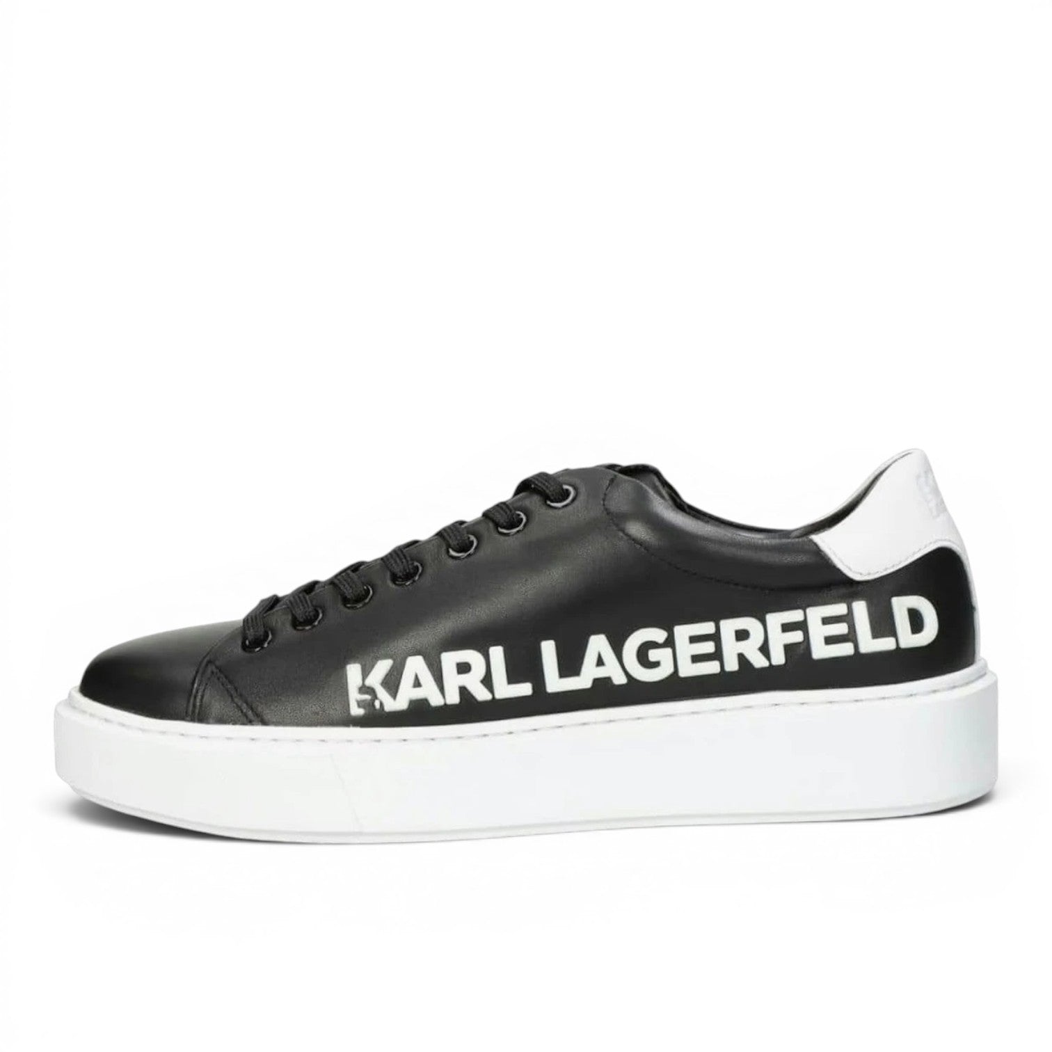 My Store Karl Lagerfeld black leather sneakers with white platform sole and logo detail.