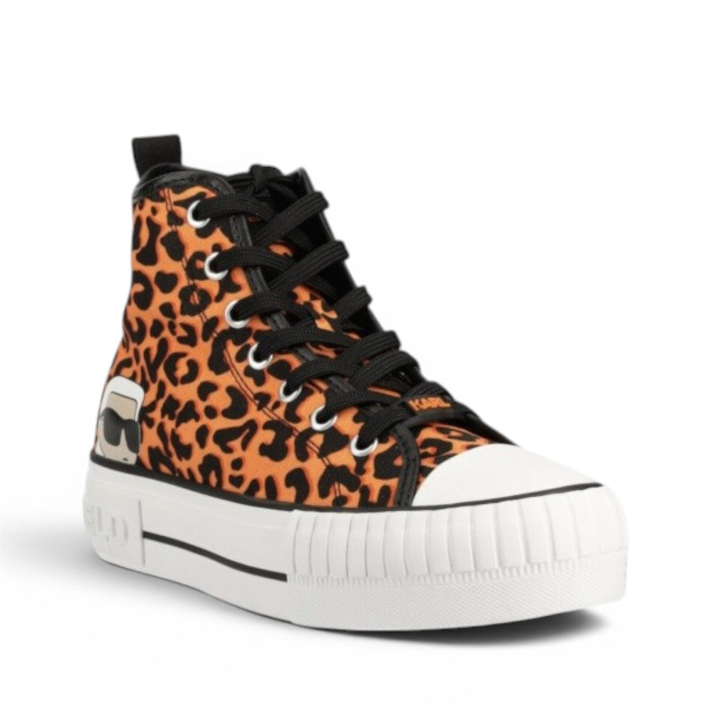 My Store Karl Lagerfeld Kampus Max high-top sneakers with orange leopard print and black laces.