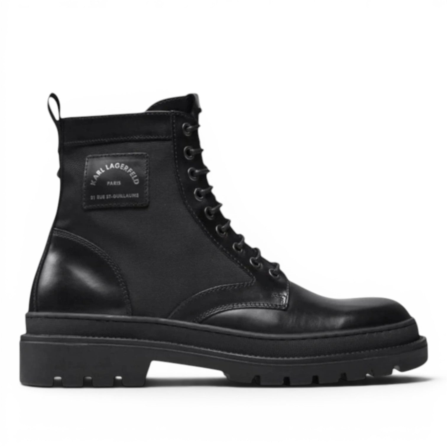 My Store Karl Lagerfeld KL11250 black leather and textile combat boots with side zip and lug sole.