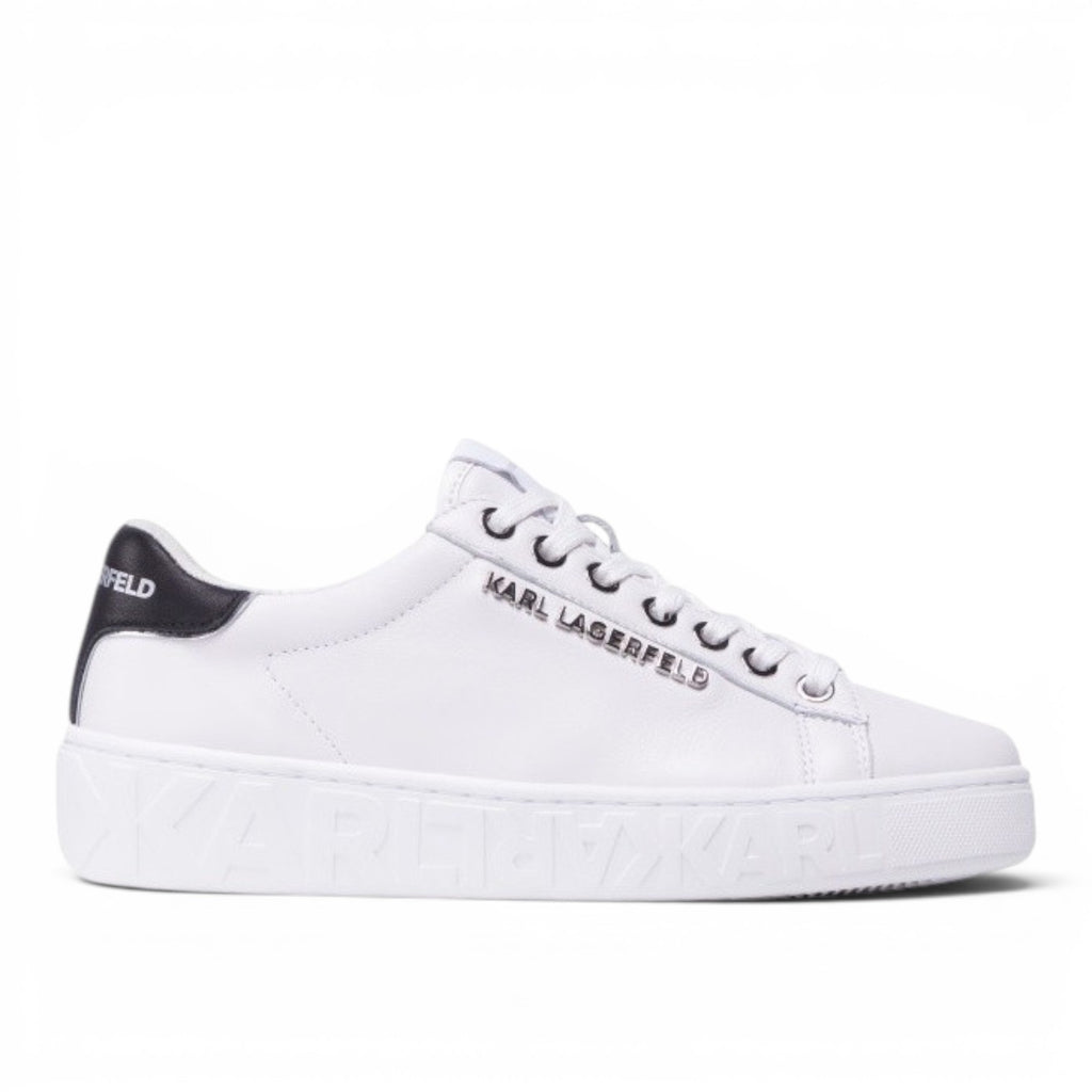 My Store white leather sneakers with black heel detail and Karl Lagerfeld logo on the side.