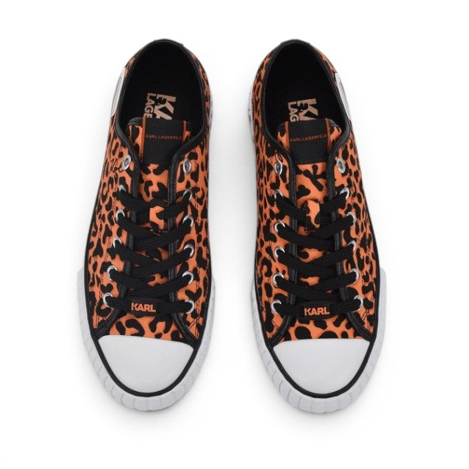My Store Karl Lagerfeld Kampus Max orange and black leopard print textile sneakers with white toe cap and laces.