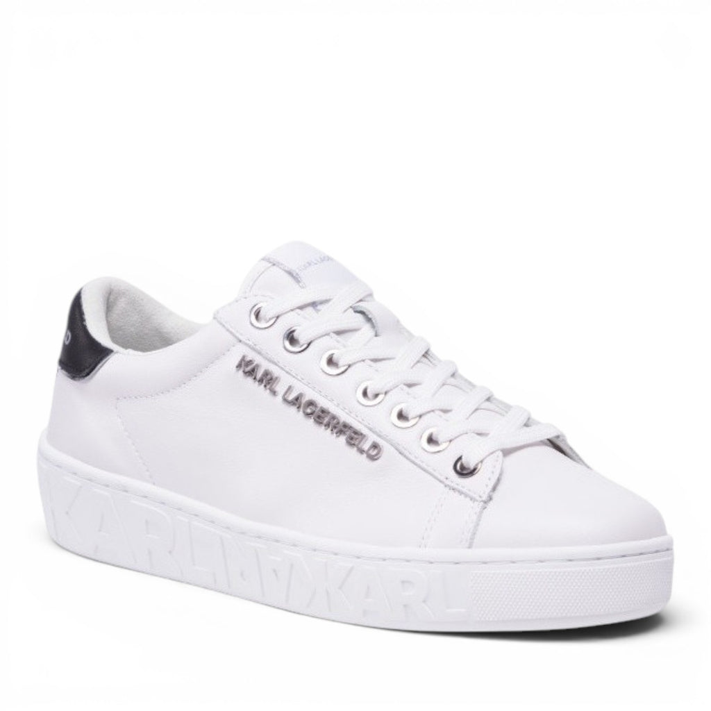 My Store white leather Karl Lagerfeld sneakers with black heel detail and embossed logo on sole.