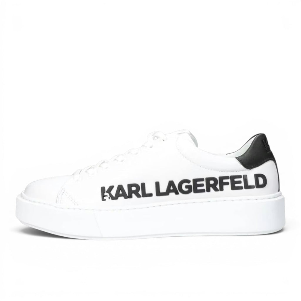 My Store white leather sneakers with black Karl Lagerfeld logo on the side and black heel detail.