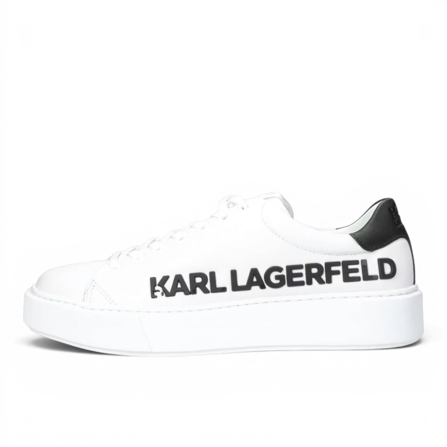 My Store white leather sneakers with black Karl Lagerfeld logo on the side and black heel detail.