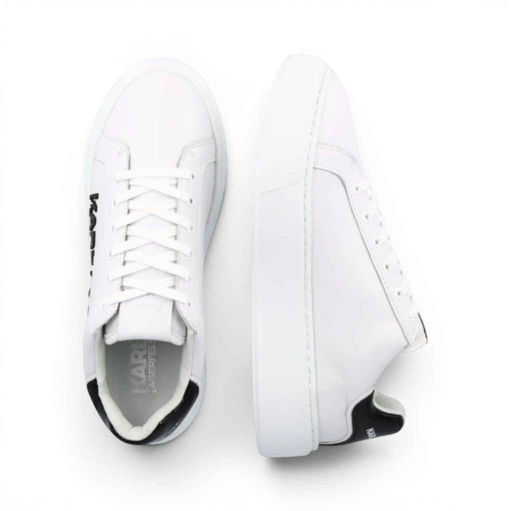 My Store white leather sneakers with black accents and Karl Lagerfeld logo detail. Lace-up closure, textile lining.