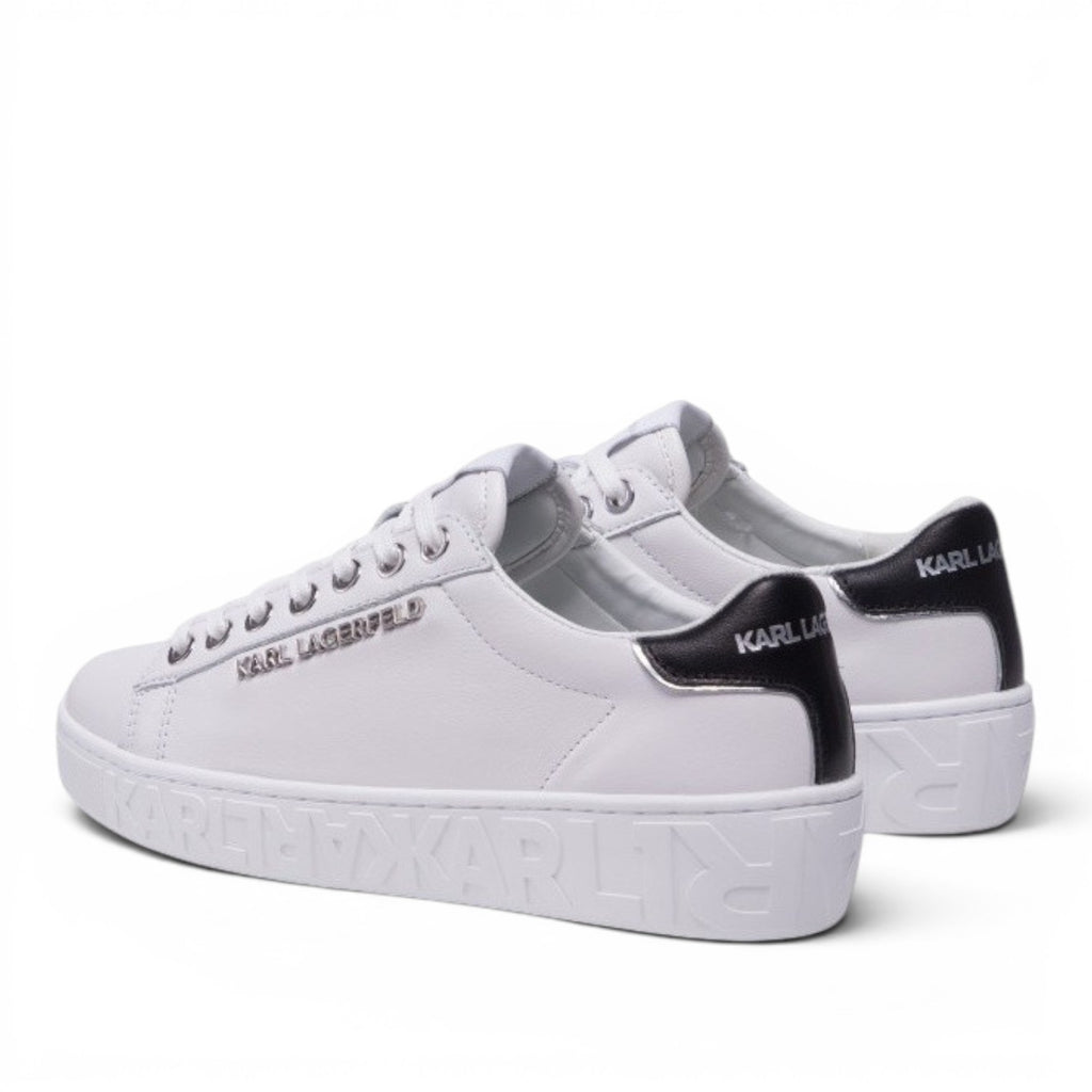 My Store Karl Lagerfeld white leather sneakers with black heel detail and embossed logo on sole.