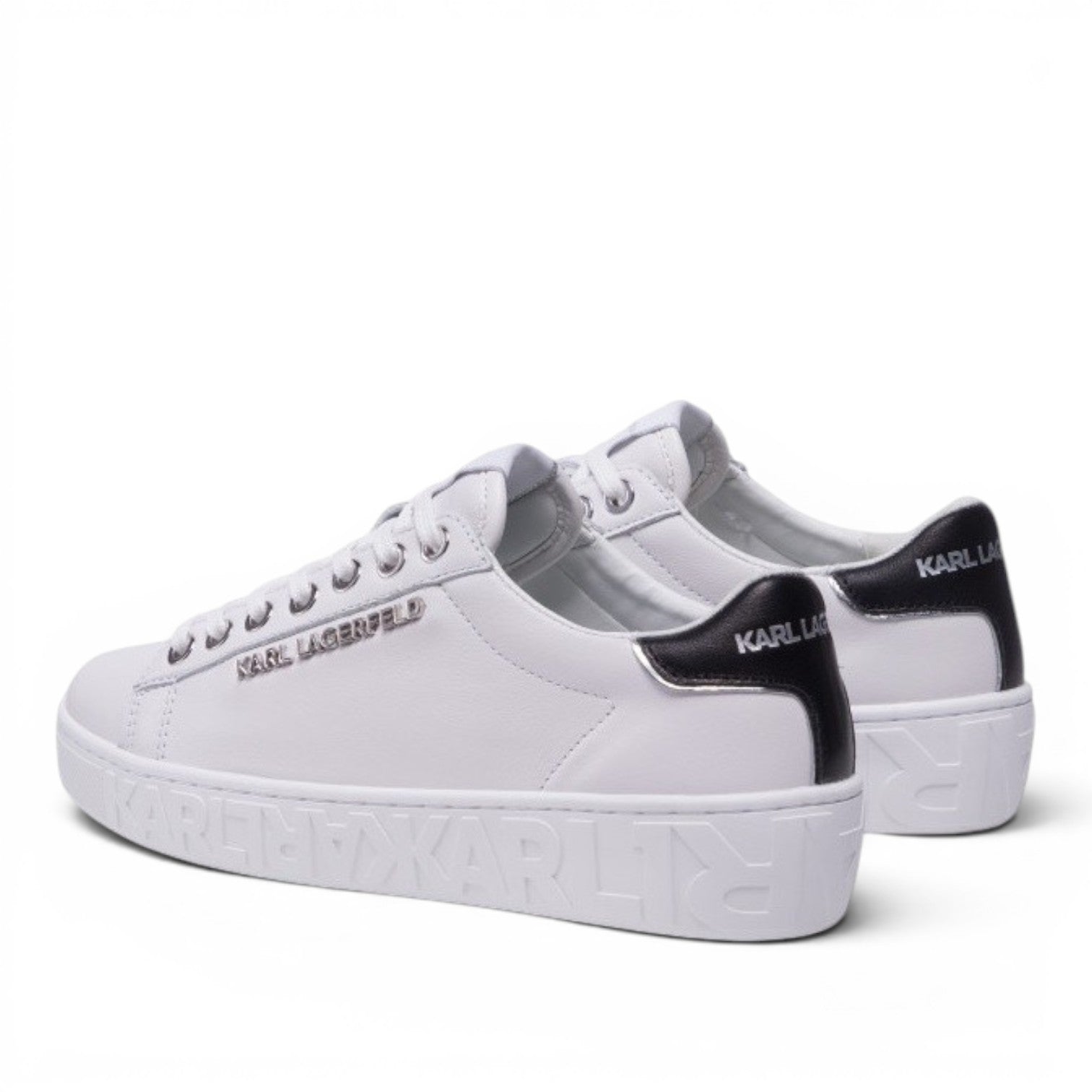 My Store Karl Lagerfeld white leather sneakers with black heel detail and embossed logo on sole.