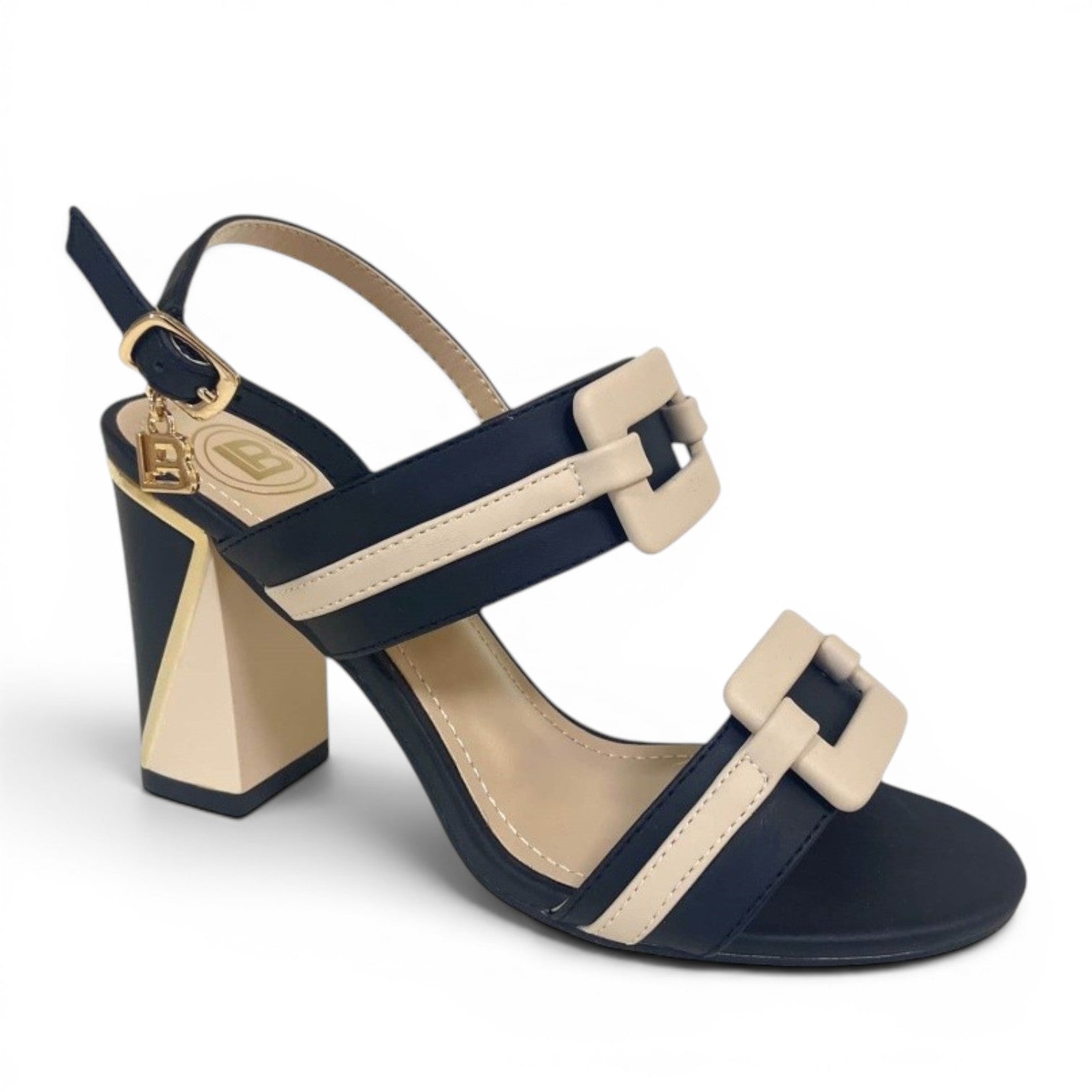 My Store Laura Biagiotti 7590-0 black and beige synthetic block heel sandals with buckle detail.