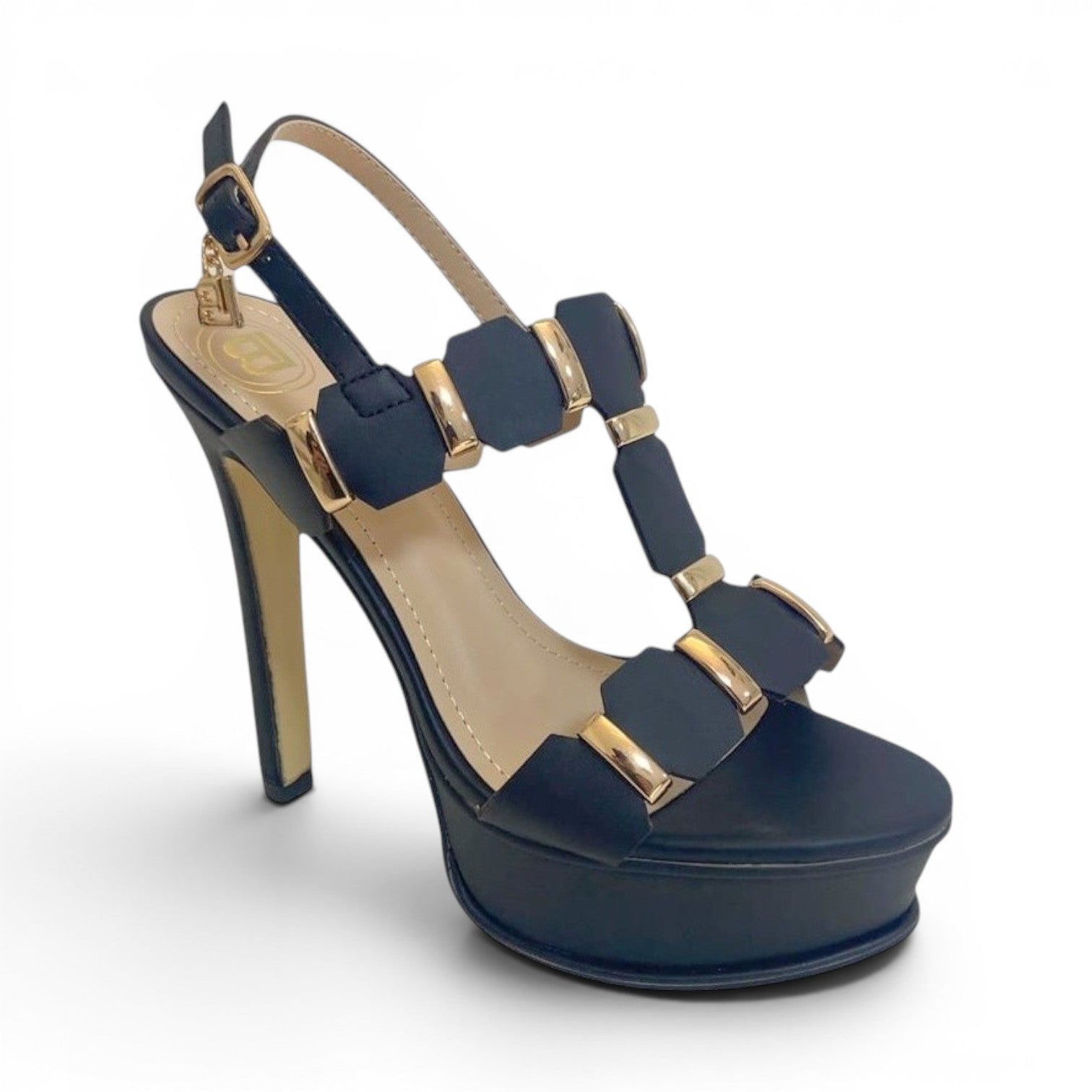 My Store Laura Biagiotti 7607 black synthetic platform heels with gold accents and a 14cm heel.