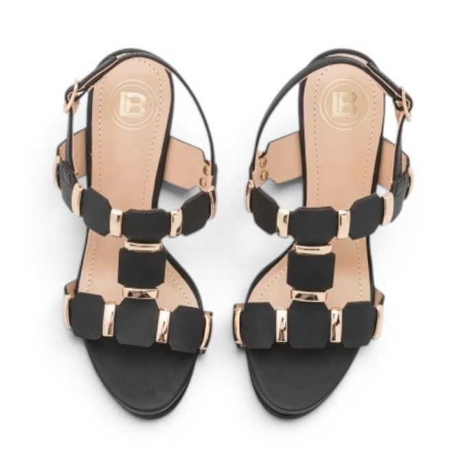 My Store Laura Biagiotti 7607 black synthetic t-strap sandals with gold accents and 14cm heel.