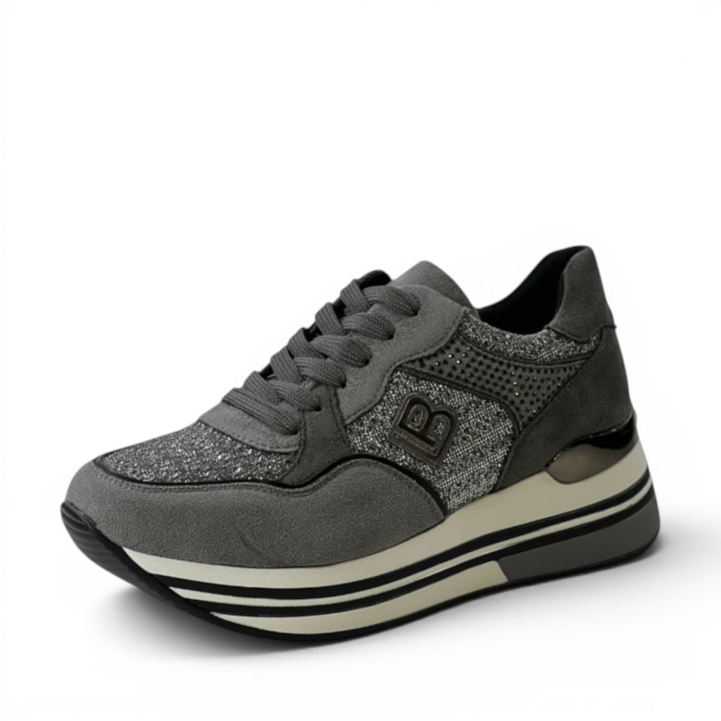 My Store Laura Biagiotti 7823 grey synthetic and textile women's sneakers with glitter accents and platform sole.