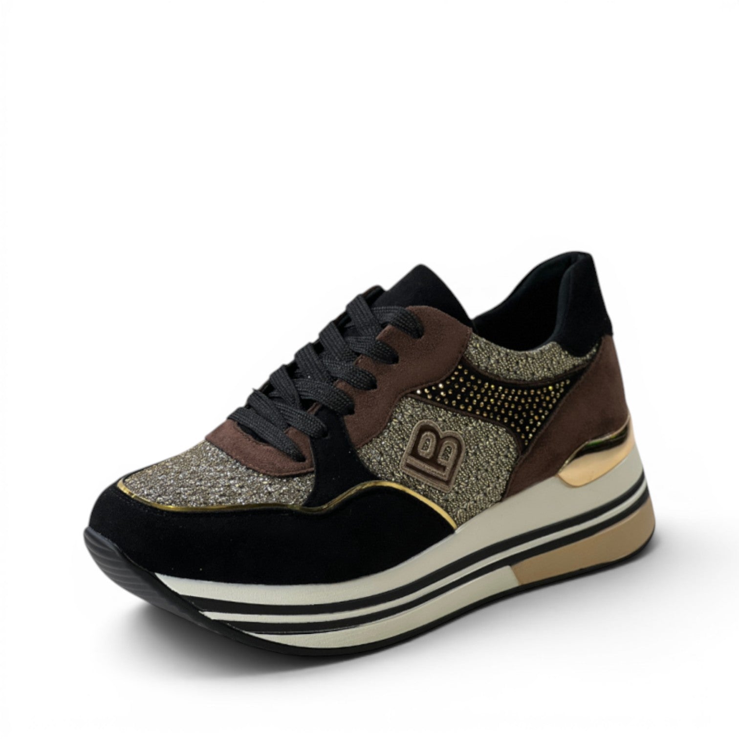 My Store Laura Biagiotti 7823 women's sneakers with black, brown, and gold glitter accents.