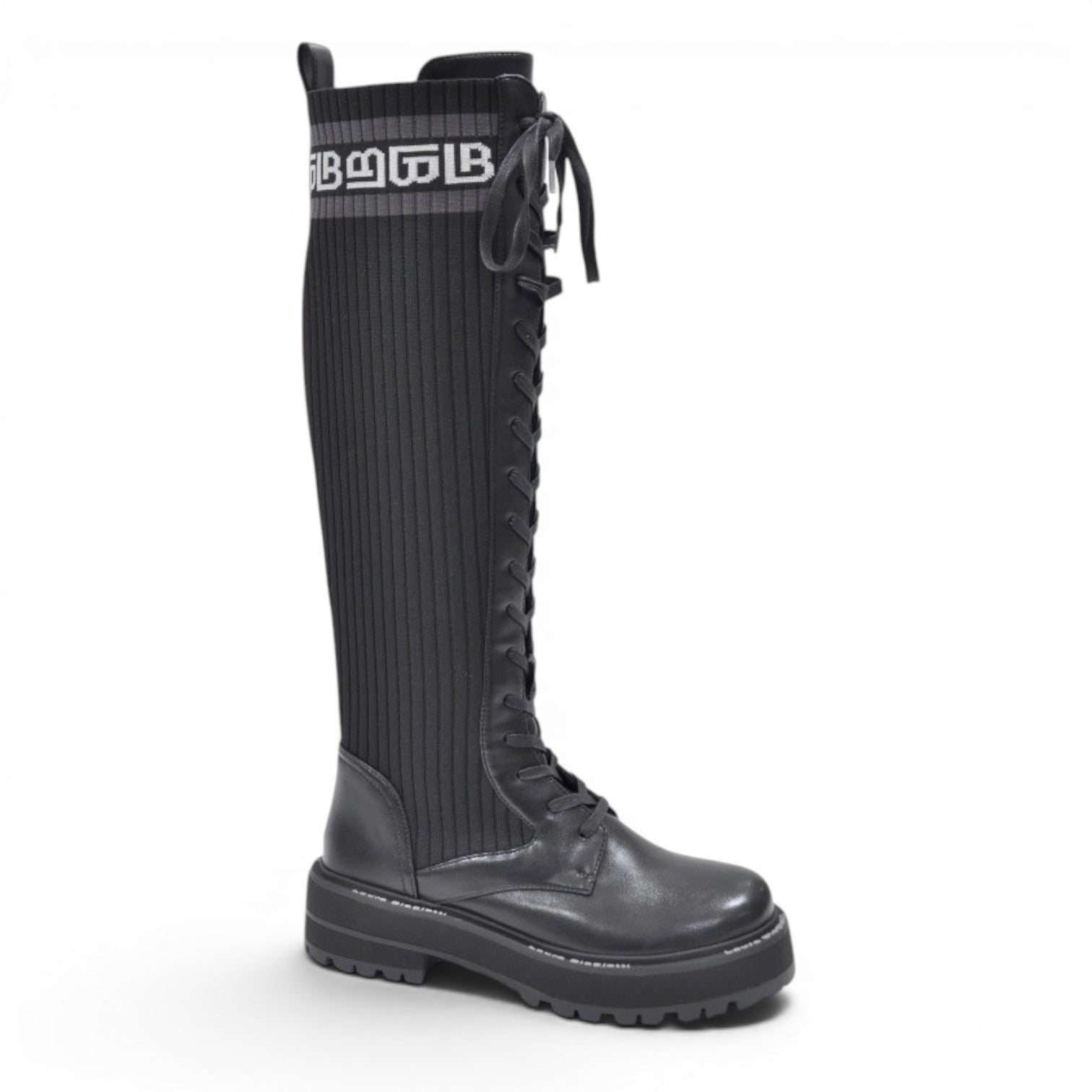 My Store Laura Biagiotti 7936 black faux leather and textile knee-high lace-up boots with logo detail
