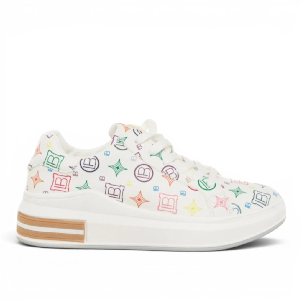 My Store Laura Biagiotti 8006 white synthetic sneakers with colorful monogram print and textile lining.