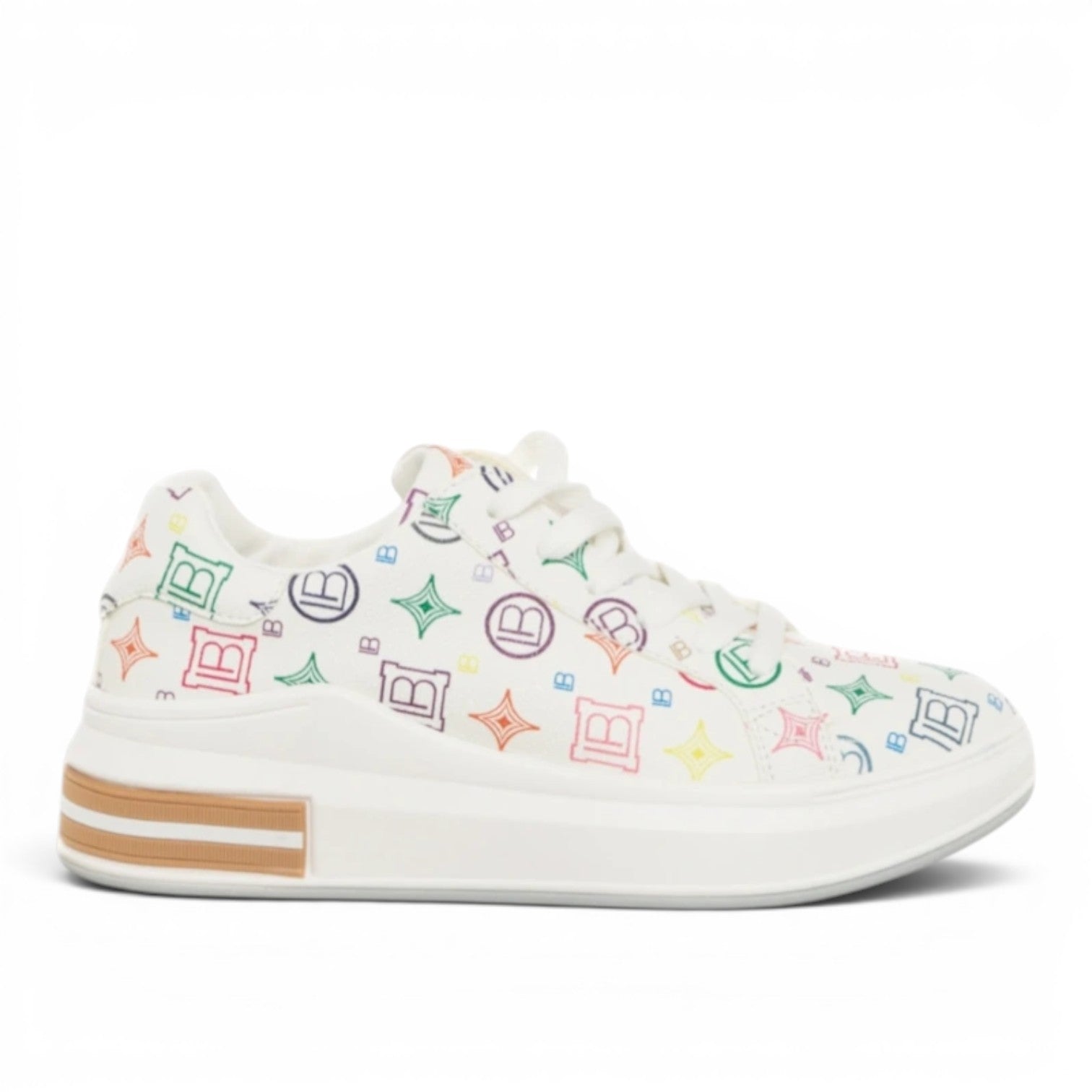 My Store Laura Biagiotti 8006 white synthetic sneakers with colorful monogram print and textile lining.
