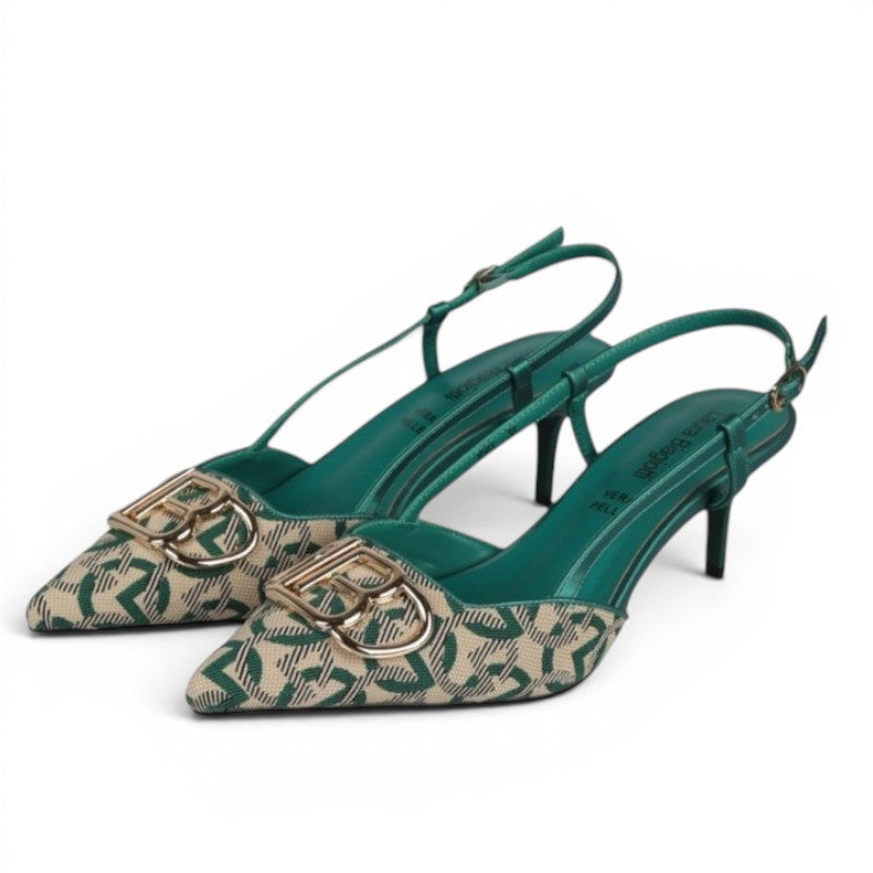 Laura Biagiotti 8581 slingback heels in green textile with monogram pattern and gold buckle detail.