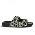 My Store Laura Biagiotti 9064 black and cream monogram print double strap slides with gold buckles.