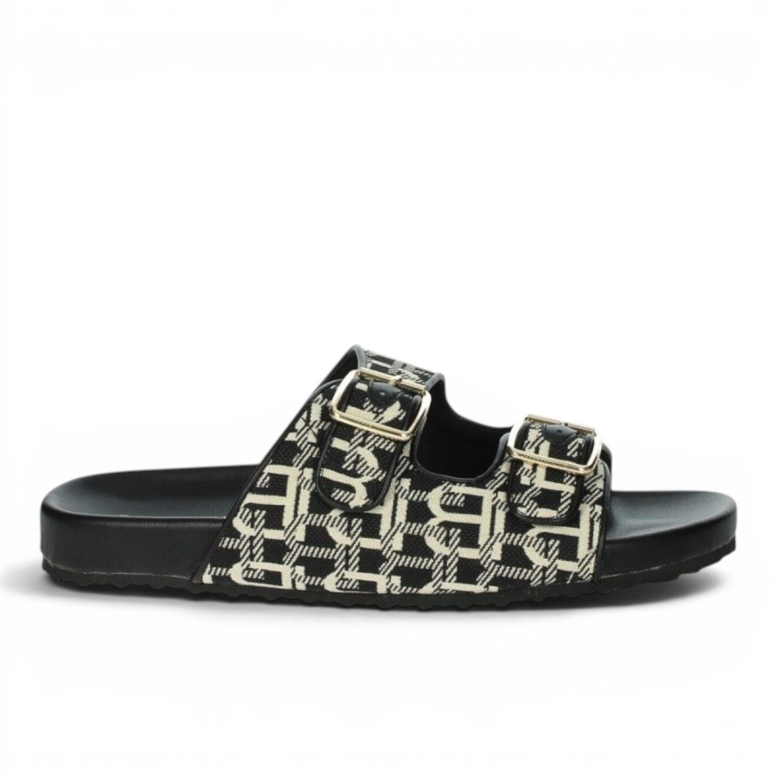 My Store Laura Biagiotti 9064 black and cream monogram print double strap slides with gold buckles.
