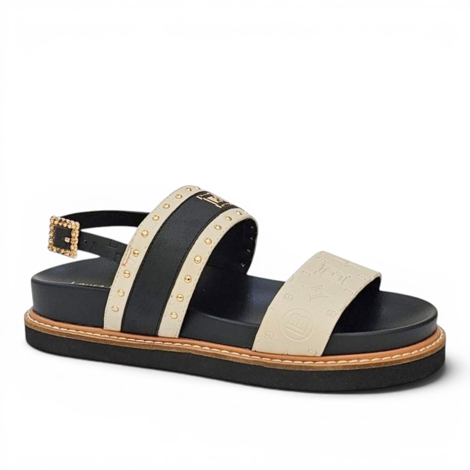 My Store Laura Biagiotti 9078 black and cream faux leather sandals with gold studs and logo detail.