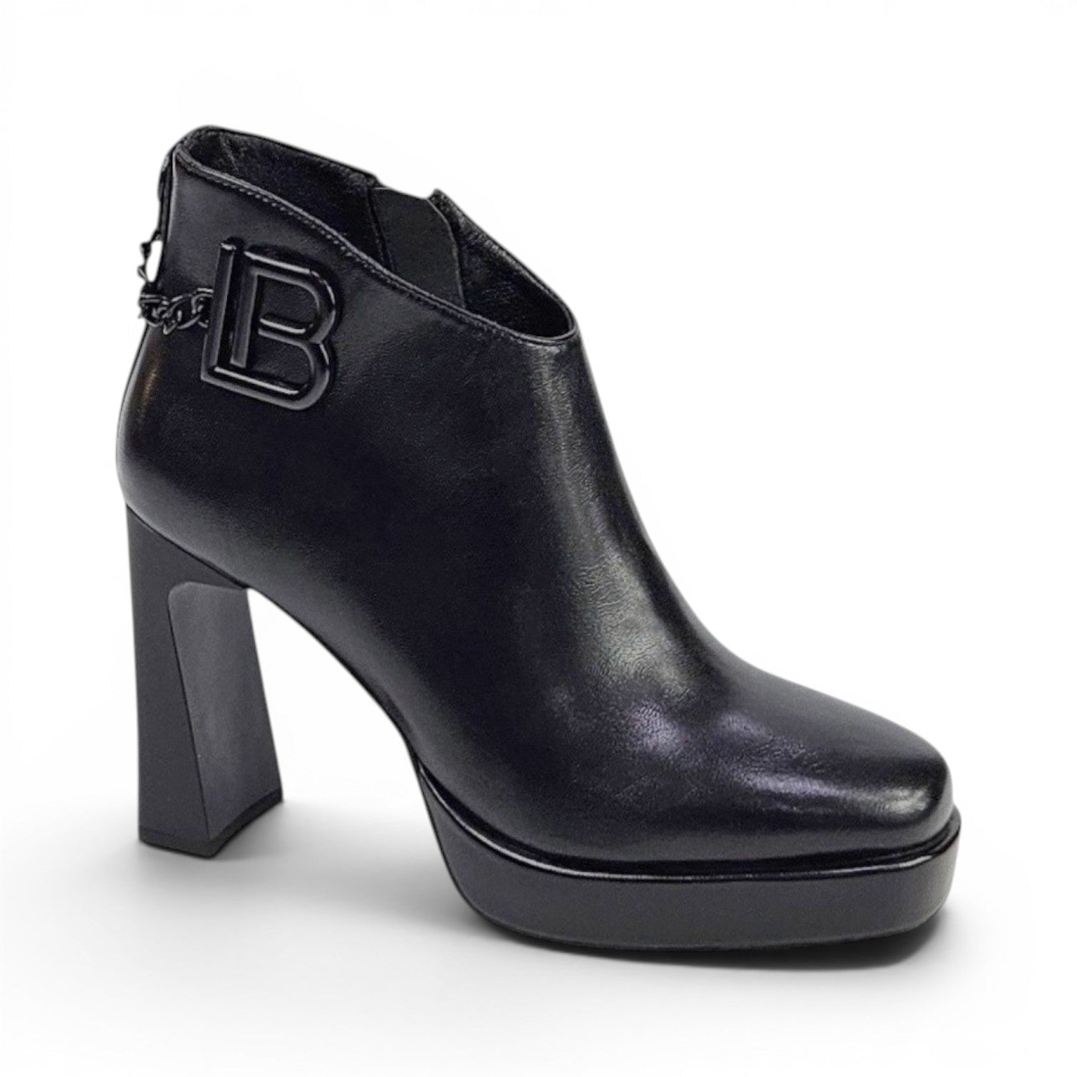 My Store Laura Biagiotti black synthetic ankle boots with 10cm heel, 2cm platform, side zip and LB logo chain detail.
