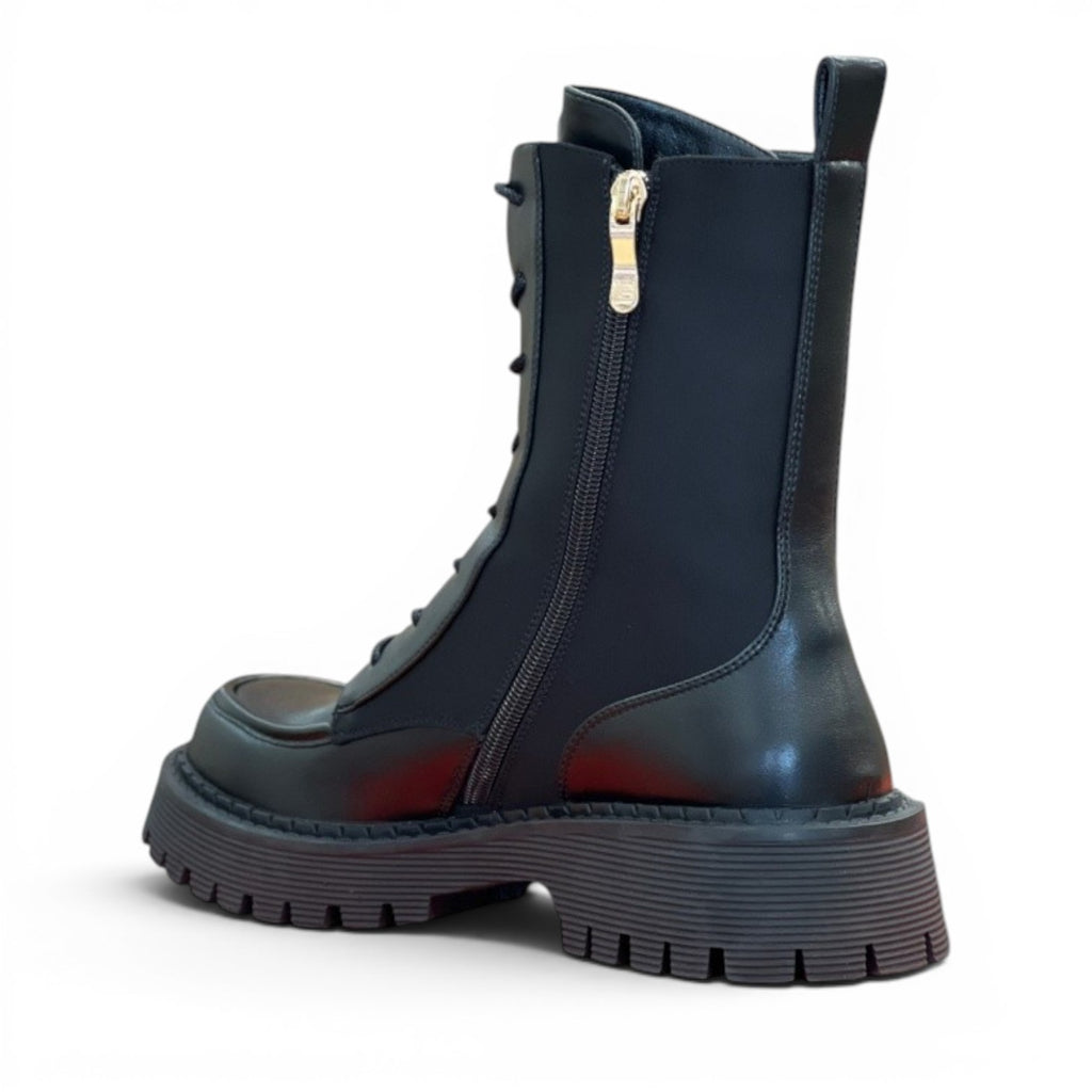 My Store Laura Biagiotti 8259 black faux leather combat boots with side zip and textile lining.