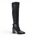My Store Laura Biagiotti black synthetic leather knee-high boots with a 10cm block heel and LB logo buckle.