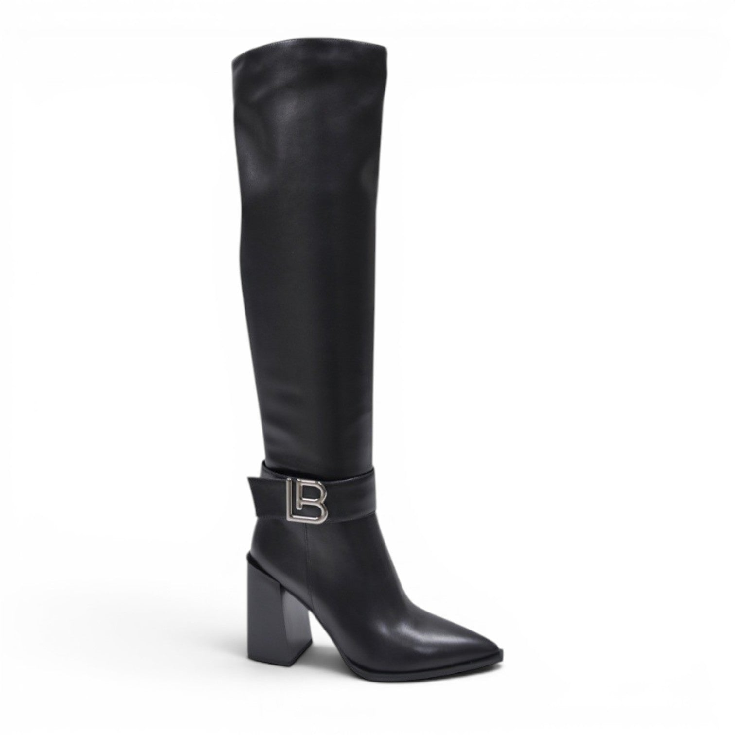 My Store Laura Biagiotti black synthetic leather knee-high boots with a 10cm block heel and LB logo buckle.